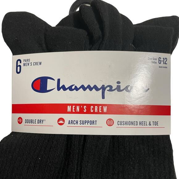 Champion Mens Black Crew Socks Double Dry Arch Support Cushioned Heel and Toe - Picture 2 of 8